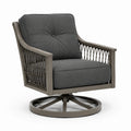 Fauteuil pivotant en métal et tissu gris avec dossier en corde tissée