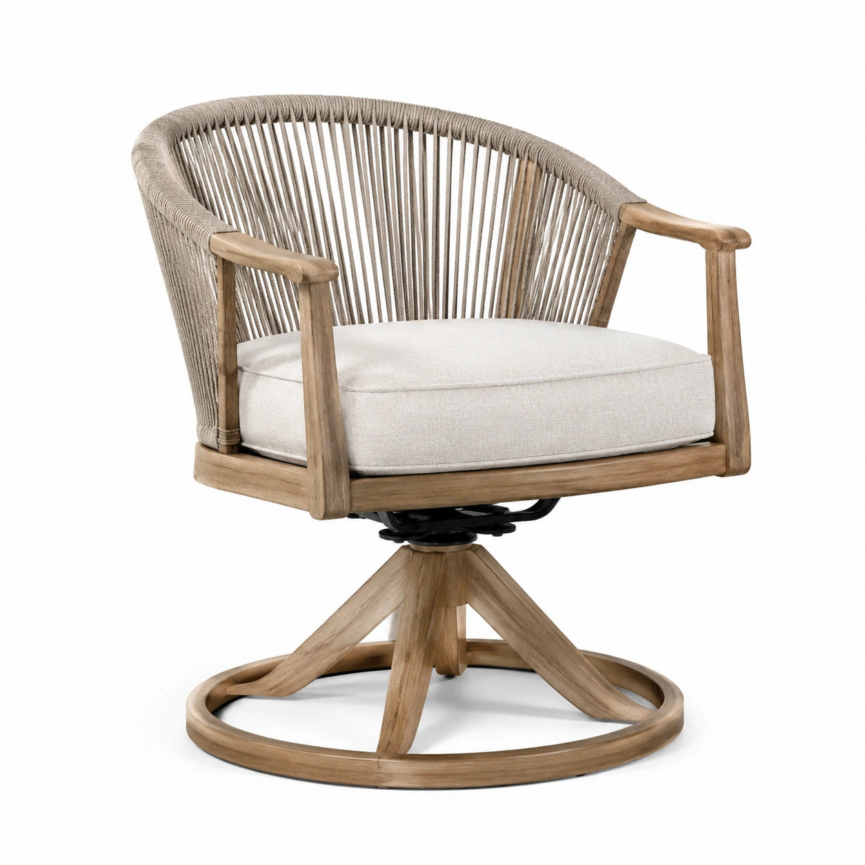 Fauteuil pivotant en bois et corde synthétique beige