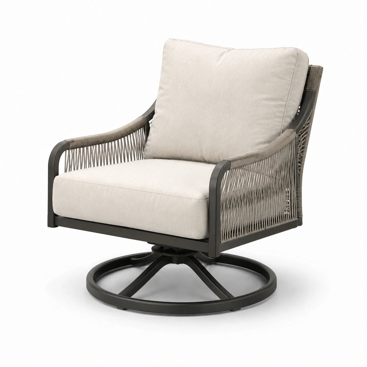 Fauteuil pivotant en métal et corde avec coussins crème