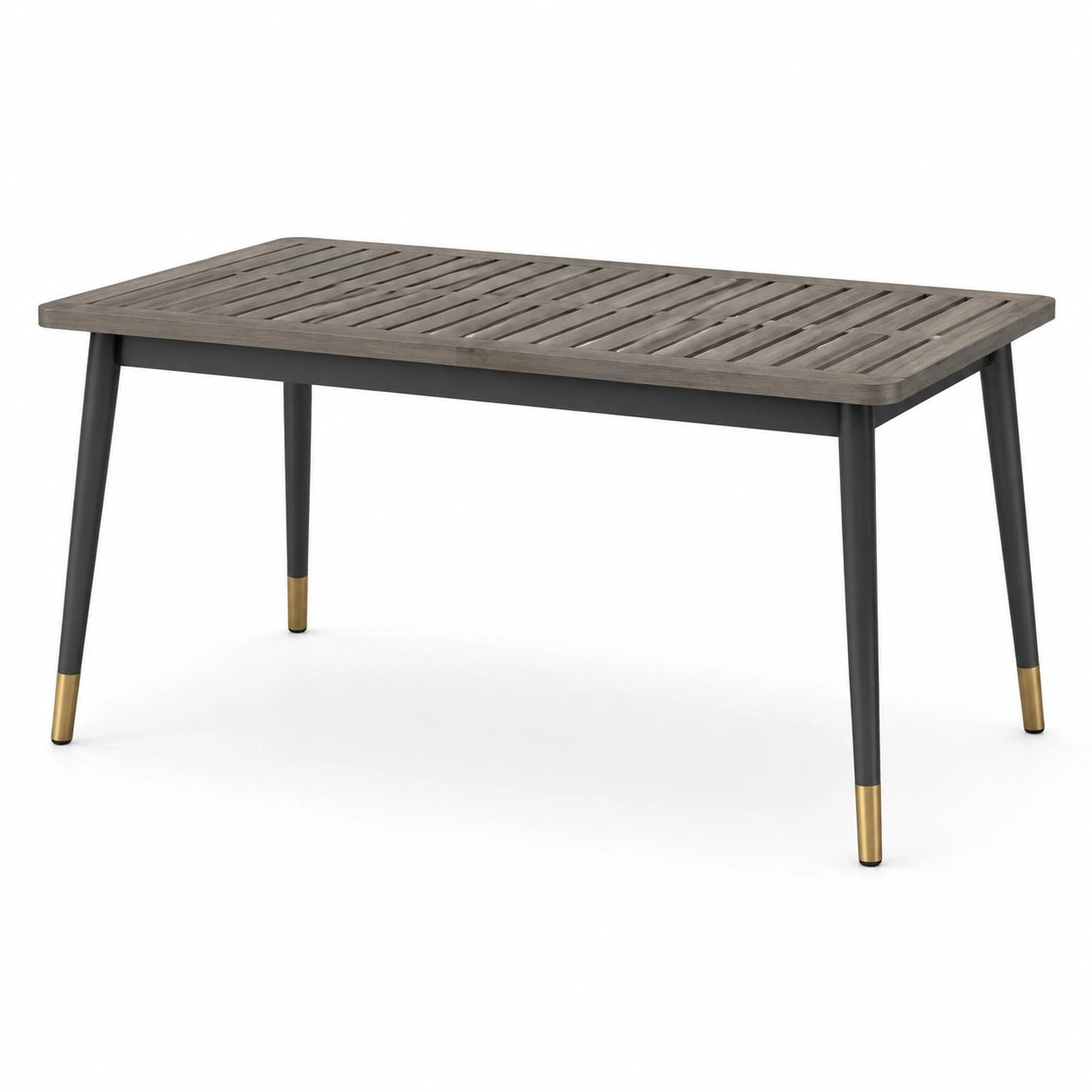 Table de jardin rectangulaire en bois et métal avec embouts en laiton