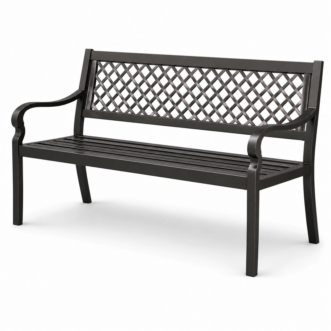 Banc de jardin en métal noir avec dossier à motif croisé