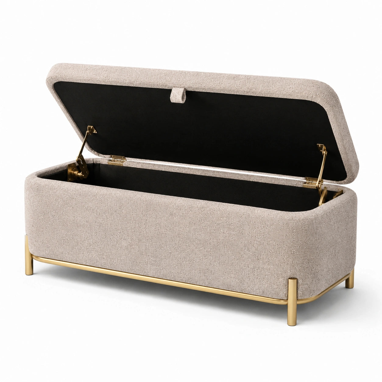 Banc de rangement en tissu avec structure en métal doré et polyester 120x40x45 cm beige