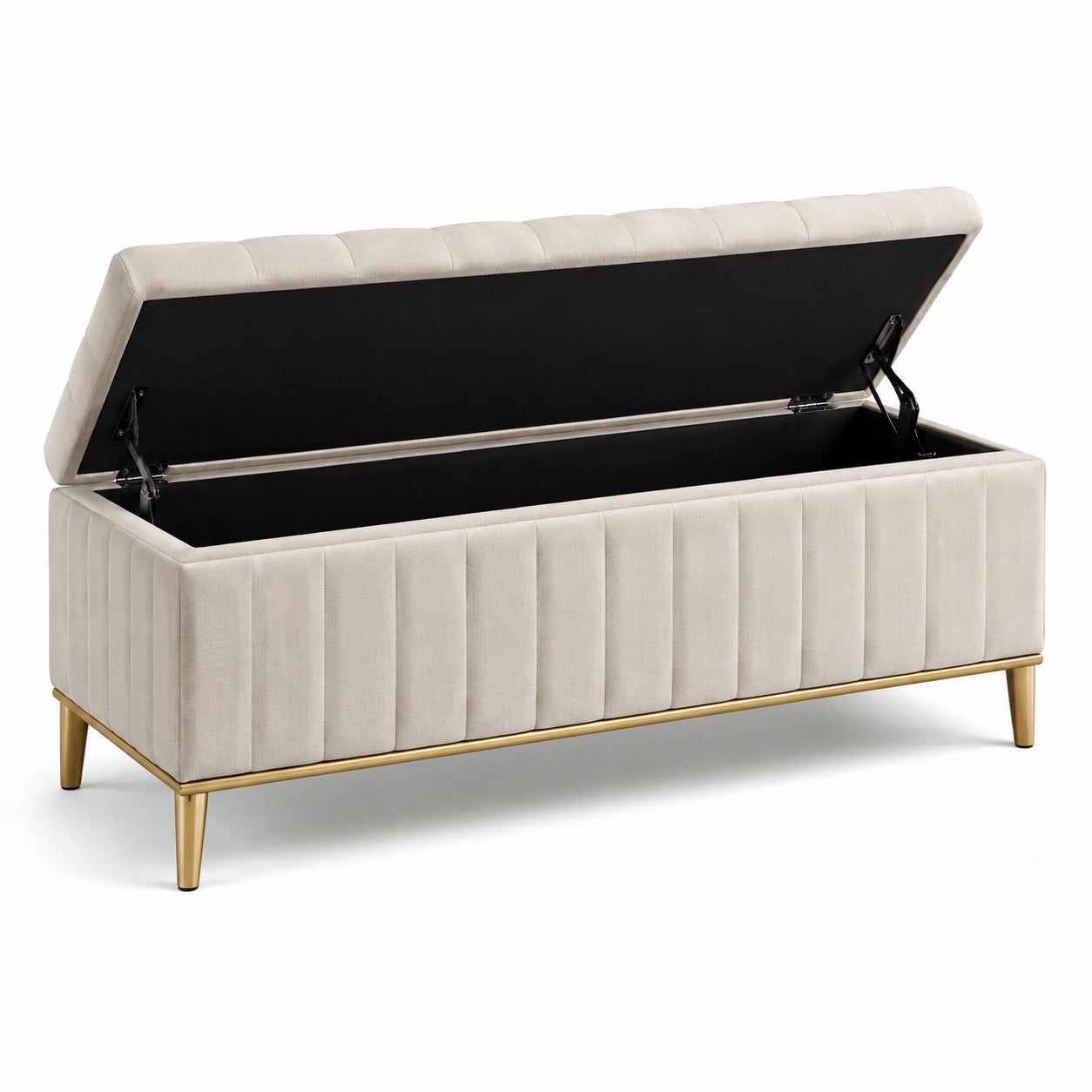 Banc de rangement en tissu avec pieds en métal doré 120 cm beige