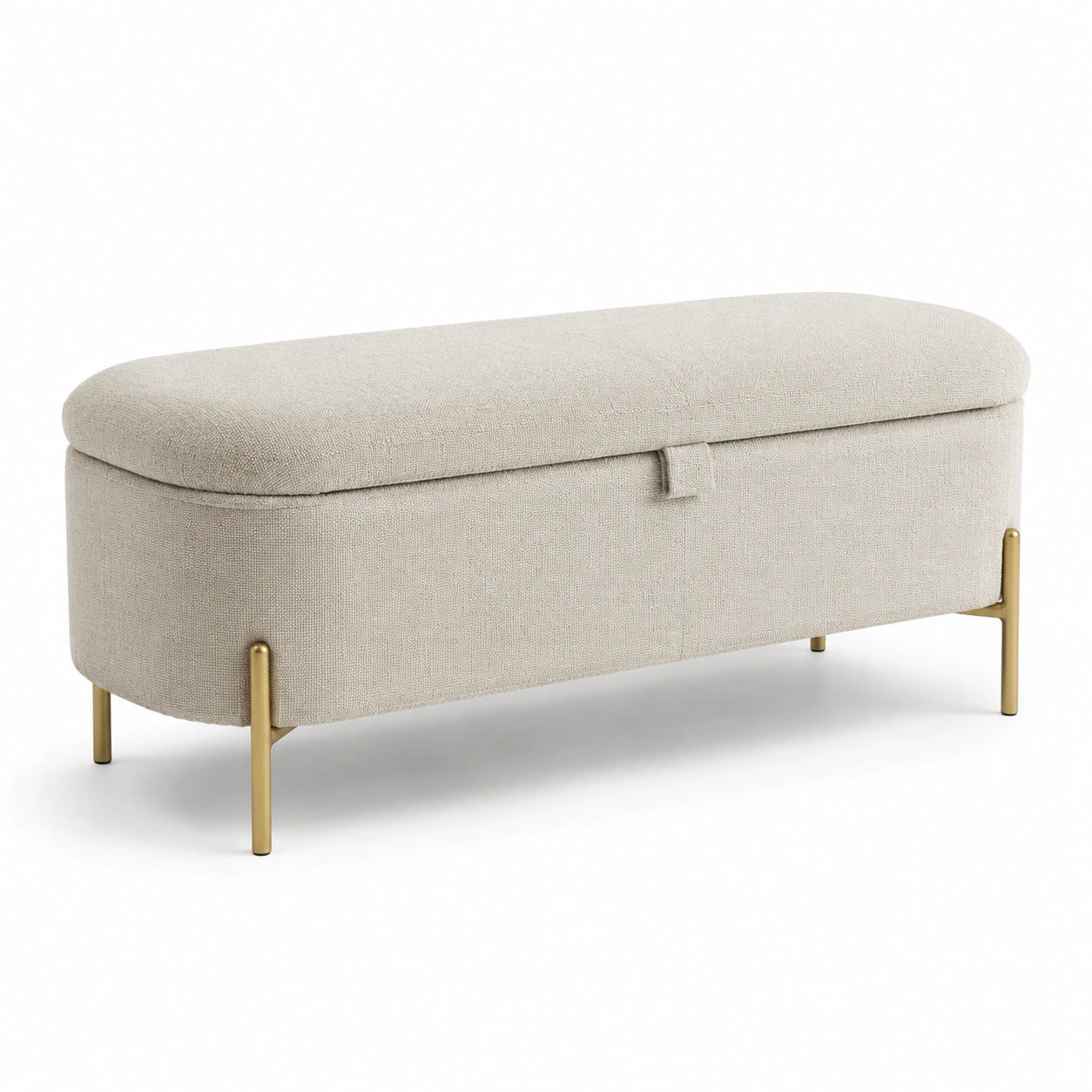 Banc de rangement en tissu polyester beige avec pieds en métal doré