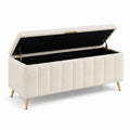 Banquette de rangement en tissu bouclé crème avec pieds en métal doré 120 cm