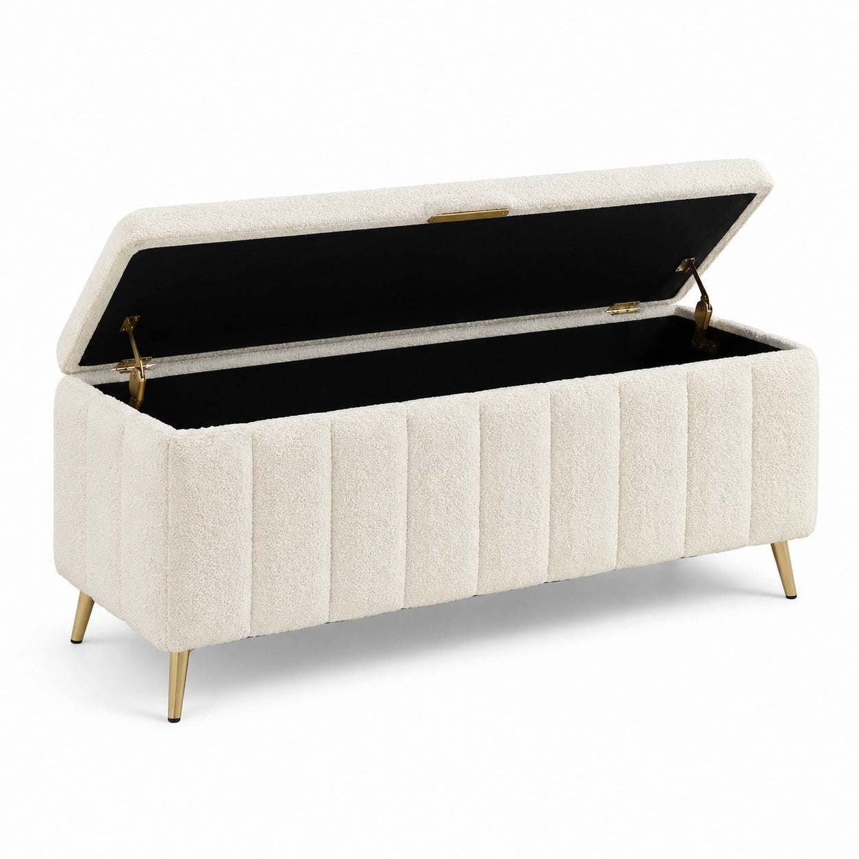Banquette de rangement en tissu bouclé crème avec pieds en métal doré 120 cm