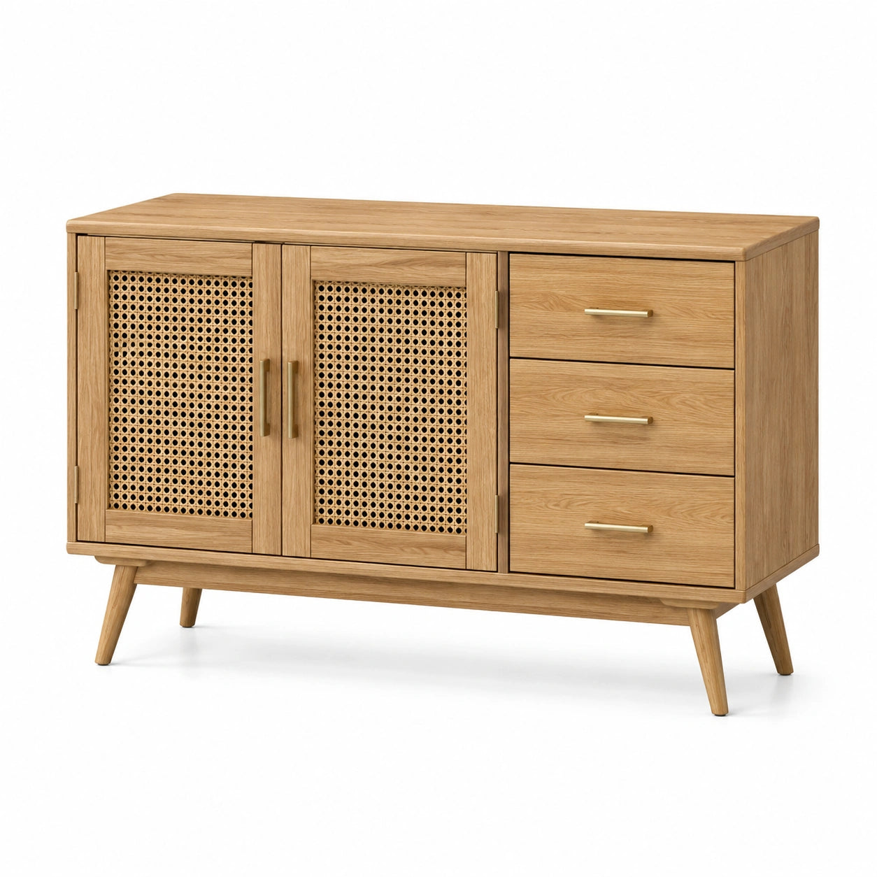 Buffet en bois avec portes en rotin et 3 tiroirs