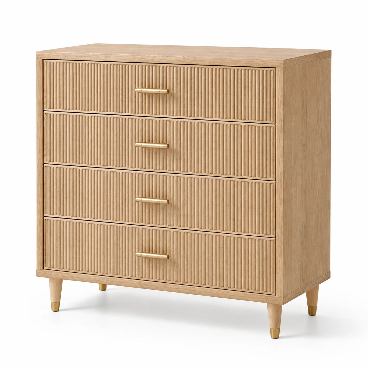 Commode en chêne clair à 4 tiroirs avec poignées en métal doré