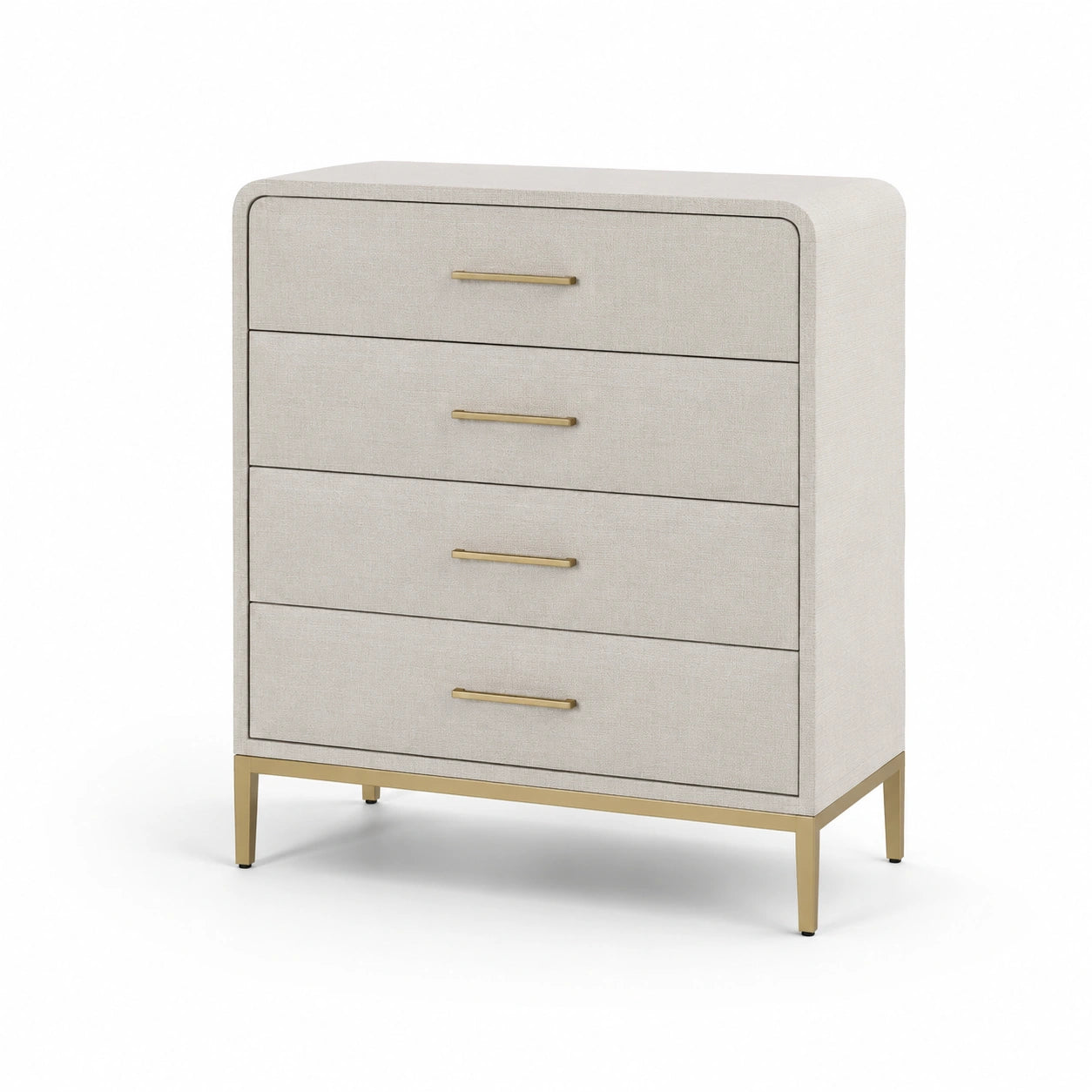 Commode en bois avec tissu en lin beige et cadre en métal