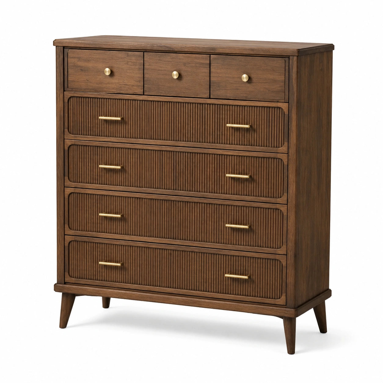 Commode en bois de chêne brun avec poignées en métal doré