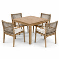 Ensemble de repas de jardin en bois avec table carrée et 4 chaises en corde tressée beige