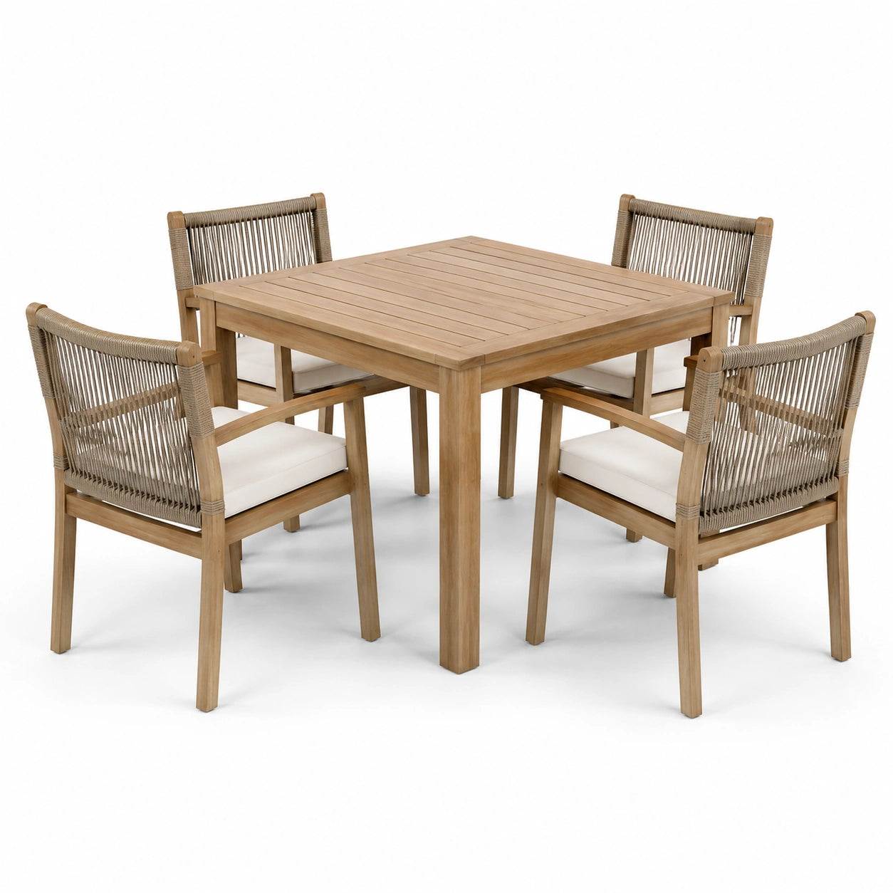 Ensemble de repas de jardin en bois avec table carrée et 4 chaises en corde tressée beige