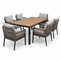 Ensemble de repas de jardin 7 pièces en bois et métal, table rectangulaire 200x100 cm, chaises en corde synthétique gris